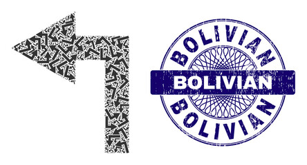 Fractal combination turn left and Bolivian round dirty stamp seal. Blue stamp seal includes Bolivian text inside circle and guilloche technique.