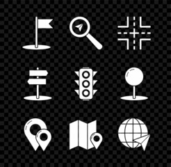 Set Flag, Search location, Road traffic sign, Map pin, Folded map with marker, Location the globe, and Traffic light icon. Vector