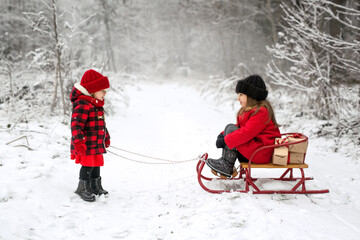 The girl is taking her sister on a sled with gifts in the forest on a frosty snowy day among bushes...
