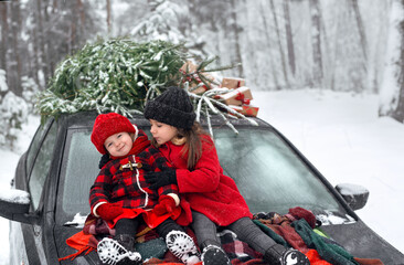 Two sisters in a checkered red and black coat, knitted wool mittens and hats are sitting on the...