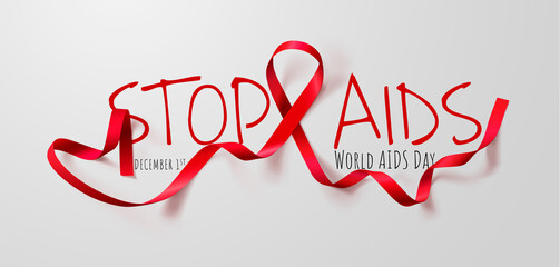 World Aids Day concept. Stop Aids. Awareness. Realistic Red Ribbon.
