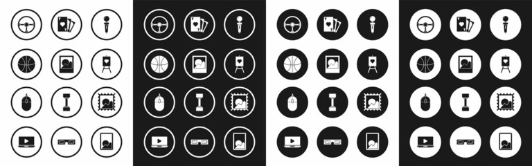 Set Joystick for arcade machine, Photo frames, Basketball ball, Steering wheel, Wood easel painting art boards, Playing card with heart symbol, Picture landscape and Computer mouse icon. Vector