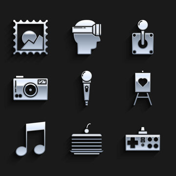 Set Microphone, Cake, Gamepad, Wood easel or painting art boards, Music note, tone, Photo camera, Joystick for arcade machine and Picture landscape icon. Vector
