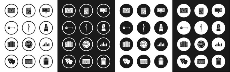 Set Video recorder or editor software on monitor, Banjo, Retro audio cassette tape, Metronome with pendulum in motion, Music MP3 player, equalizer and Musical instrument accordion icon. Vector