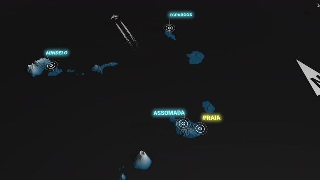 Seamless looping animation of the 3d terrain map at nighttime of Cape Verde with the capital and the biggest cites in 4K resolution