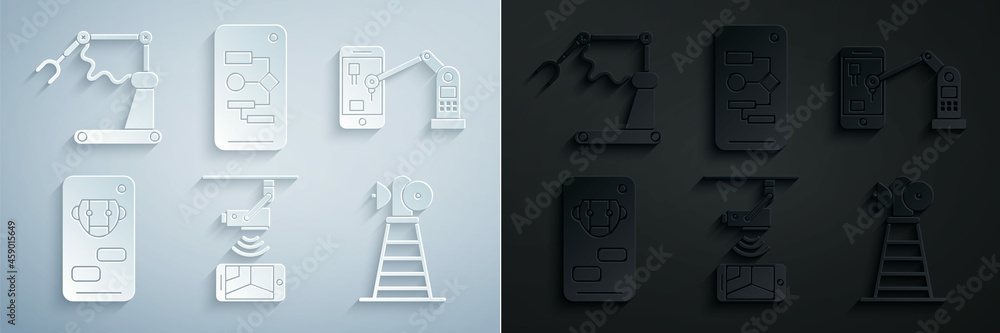 Poster set wireless controlling cctv security camera, industrial machine robotic robot arm hand, bot, anten