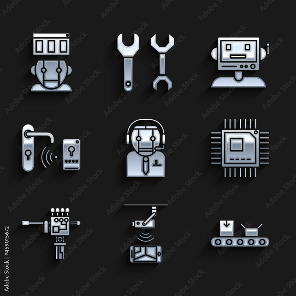 Poster set worker robot, conveyor belt with cardboard box, processor microcircuits cpu, mechanical hand and