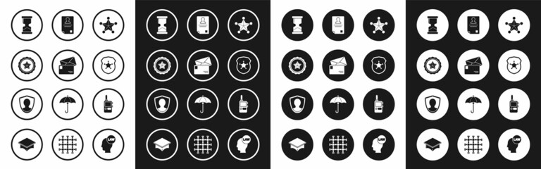Set Hexagram sheriff, Envelope, Police badge, Old hourglass, Identification, Walkie talkie and User protection icon. Vector