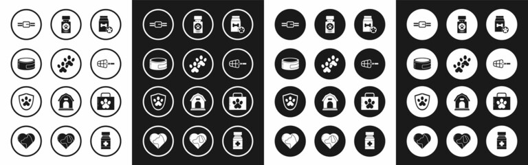 Set Bag of food for pet, Paw print, Canned, Collar with name tag, Dog muzzle, medicine bottle and pills, Pet first aid kit and Animal health insurance icon. Vector