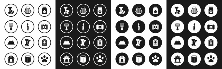 Set Bag of food for pet, Pets vial medical, Hair brush dog and cat, toys bone rubber ball, first aid kit, carry case, Clipboard with clinical record and bowl icon. Vector