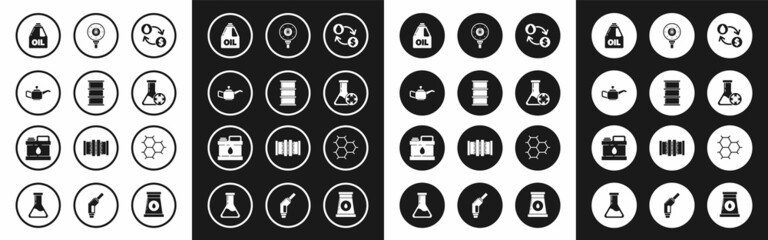 Fototapeta premium Set Oil exchange, water transfer, convert, Barrel oil, Canister for motor machine, Antifreeze test tube, Motor gas gauge, Chemical formula consisting of benzene rings and icon. Vector