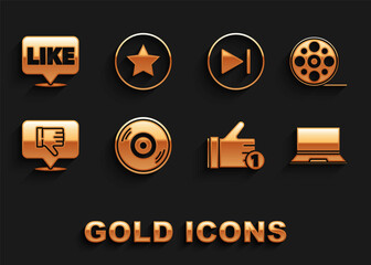 Set Vinyl disk, Film reel, Laptop, Hand like, Dislike speech bubble, Fast forward, Like and Star icon. Vector