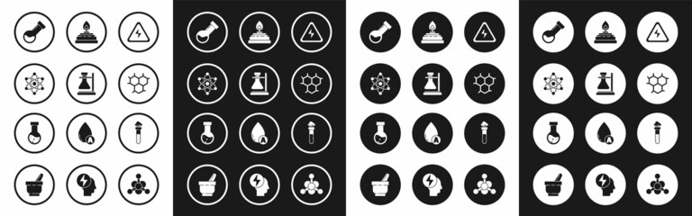 Set High voltage sign, Test tube flask on stand, Atom, chemical, Chemical formula, Alcohol spirit burner, and icon. Vector