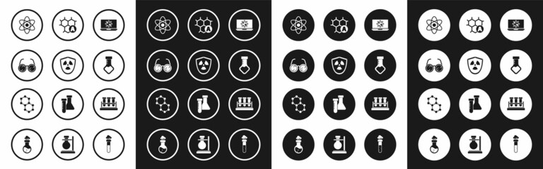 Set Bacteria on laptop, Radioactive in shield, Laboratory glasses, Atom, Test tube and flask chemical, Chemical formula, and Molecule icon. Vector