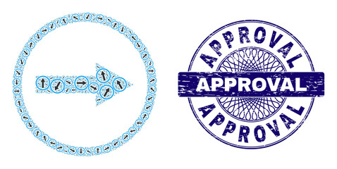 Recursion collage right rounded arrow and Approval round dirty stamp seal. Blue seal includes Approval text inside circle and guilloche style.
