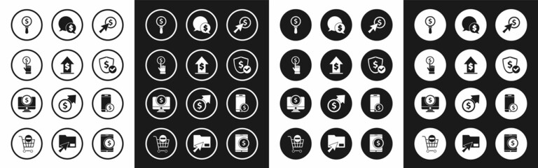 Set Cursor and coin, Financial growth, Hand holding, Magnifying glass dollar, Shield with, Speech bubble, Smartphone and Computer monitor icon. Vector