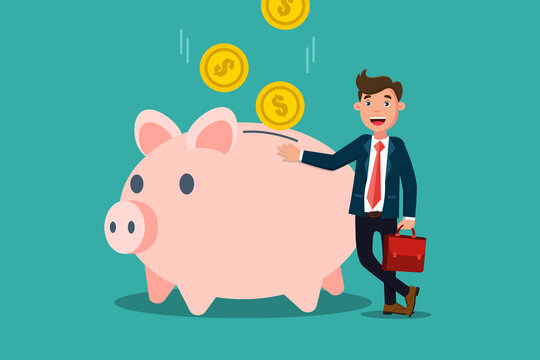Businessman standing near piggy bank.Businessman saving money in piggy bank isolated flat illustration.