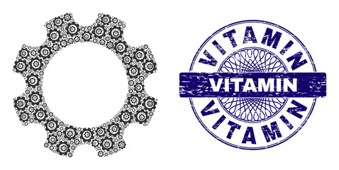 Recursive collage gear and Vitamin round textured stamp. Violet stamp seal includes Vitamin title inside circle and guilloche pattern. Vector collage is created with randomized rotated gear icons.