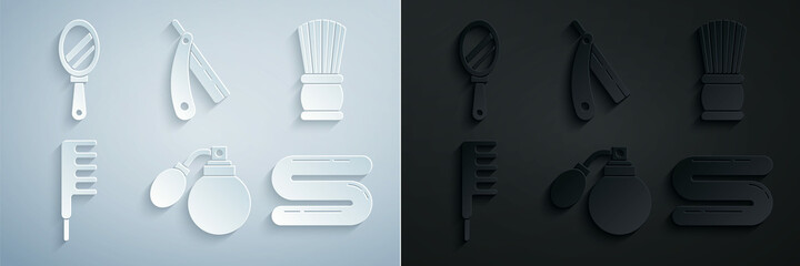 Set Aftershave bottle with atomizer, Shaving brush, Hairbrush, Towel, Straight razor and Hand mirror icon. Vector