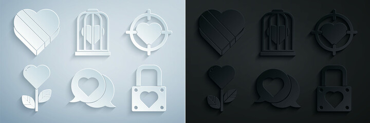 Set Heart in speech bubble, the center of darts target aim, shape flower, Lock and heart, bird cage and Candy shaped box icon. Vector