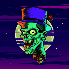 Zombie head Halloween. Creepy dead head zombie. Head floating over the night.