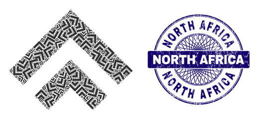 Obraz premium Recursive composition shift up and North Africa round corroded stamp seal. Blue stamp includes North Africa tag inside circle and guilloche pattern.