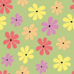 Multicolored flowers seamless pattern on a green background. Hippie concept, summer. Printing on fabric, wallpaper, wrapping paper