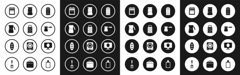 Set Salt, Grater, Jug glass with water, Oven, Coffee turk, Chef hat location and Bread loaf icon. Vector