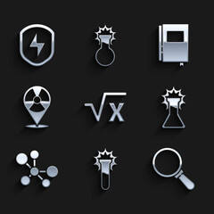 Set Square root of x glyph, Test tube and flask, Magnifying glass, Molecule, Radioactive location, Book and Secure shield with lightning icon. Vector
