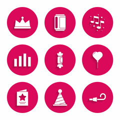Set Candy, Party hat, Birthday party horn, Balloon in form of heart, Greeting card, Music equalizer, note, tone and Crown icon. Vector