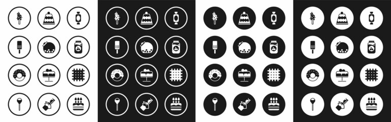 Set Candy, Glass jar with candies inside, Ice cream, Cherry jam, Cake, Cracker biscuit and Donut icon. Vector