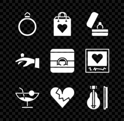 Set Diamond engagement ring, Shopping bag with heart, Wedding rings, Cocktail, Broken or divorce, Violin, hand and icon. Vector