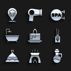 Set Aroma candle, Essential oil bottle, diffuser, Sauna hat, Bathtub, Spa salon and Massage icon. Vector