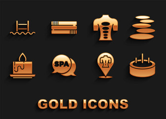 Set Spa salon, Stack hot stones, Swimming pool with ladder, Massage, Aroma candle, therapy, and Towel stack icon. Vector