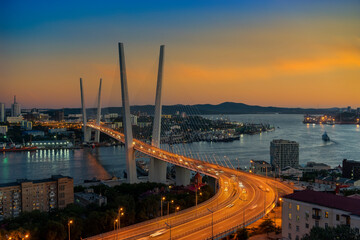 Urban landscape with a view of the Golden Bridge. Vladivostok, Russia