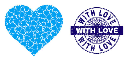 Fractal collage love heart and With Love round rubber stamp print. Blue stamp includes With Love text inside circle and guilloche pattern. Vector collage is done of repeating rotated love heart items.