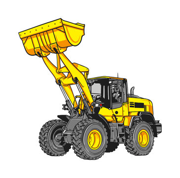 hand-drawn Bulldozer truck at work vector cartoon illustration