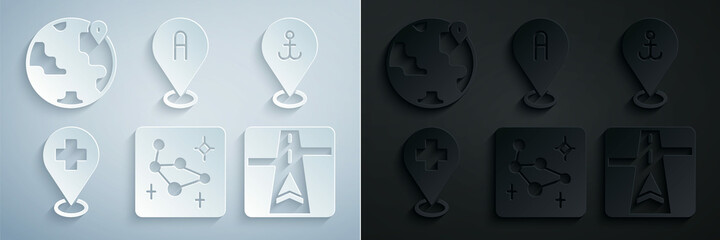 Fototapeta premium Set Great Bear constellation, Location with anchor, Medical location cross, Gps device map, and the globe icon. Vector