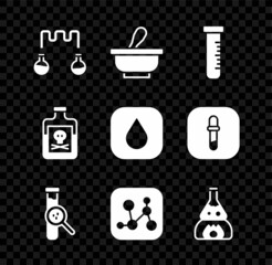 Set Test tube and flask, Mortar pestle, Chemical formula, on fire, Poison in bottle and Water drop icon. Vector