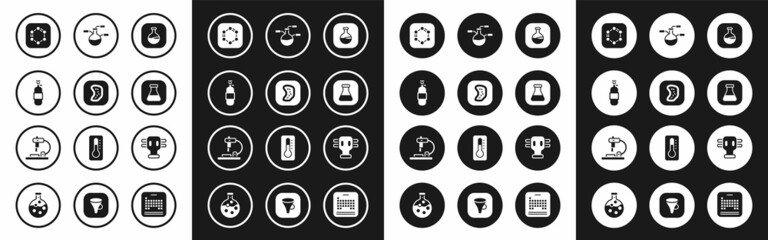 Set Test tube and flask, Bacteria, Propane gas tank, Formula of benzene rings, Gas mask and Microscope icon. Vector