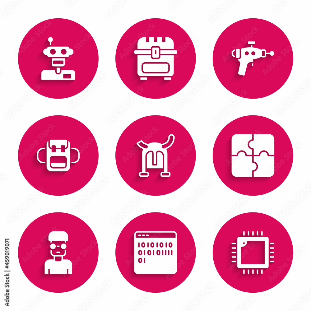 Poster set viking in horned helmet, binary code, processor with cpu, piece of puzzle, nerd geek, school bac