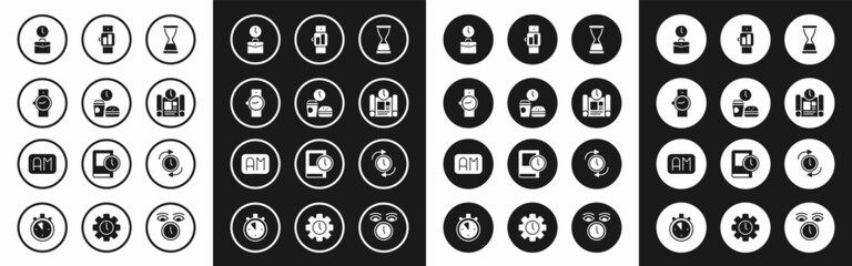Set Old hourglass with sand, Fast food time, Wrist watch, Work, Project plan, Smartwatch, Clock arrow and Morning icon. Vector