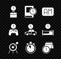 Set Work time, Time for book, Morning, Target sport, Stopwatch, Calendar and clock, Gamepad of and travel icon. Vector