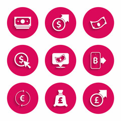 Set Stacks paper money cash, Coin with pound, Financial growth and, Mining bitcoin from mobile, euro symbol, dollar, and icon. Vector