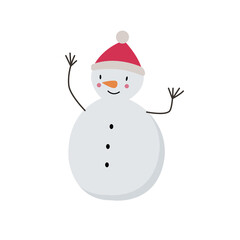 Happy cute snowman in black hat, red scarf and gloves isolated on white background. Vector illustration of snowman