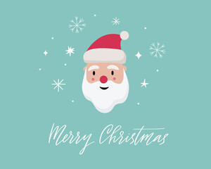 Fototapeta na wymiar Cute Santa Claus in a red cap. Background with snowflakes. Merry Christmas lettering. Greeting card template. Vector illustration