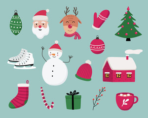 Christmas and New Year cute symbols set. Santa Claus, reindeer, candy, gift, glove, house, decoration ball, Christmas tree, snowman, hot chocolate, stocking etc. Vector illustration