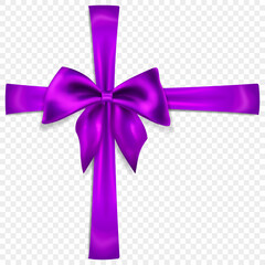 Beautiful purple bow with crosswise ribbons with shadow, isolated on transparent background. Transparency only in vector format