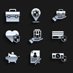 Set House in hand, Document with shield, Money, Credit card, Piggy bank, Life insurance, Hand holding briefcase and Briefcase icon. Vector