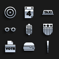 Set Hotdog sandwich, Burger, Baseball bat, Shield with stars, Vote box, Glasses, Taxi car roof and American shield icon. Vector